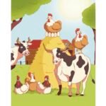Illustration de vaches et poules