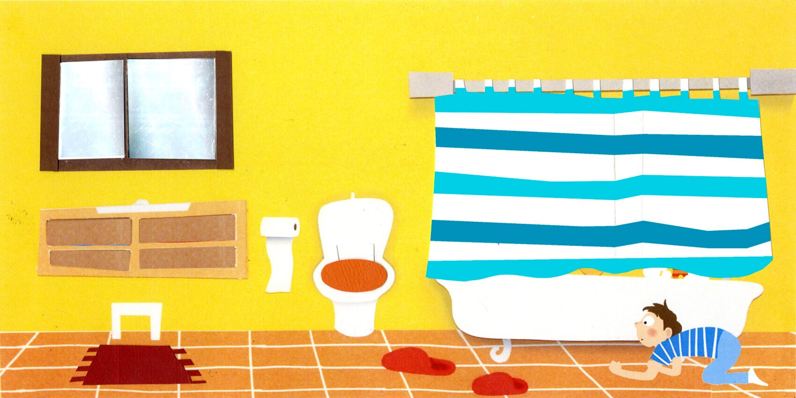 Illustration jeunesse : Billy cherche doudou lapin dans la salle de bain. Valentine CHOQUET illustrations | illustratrice freelance