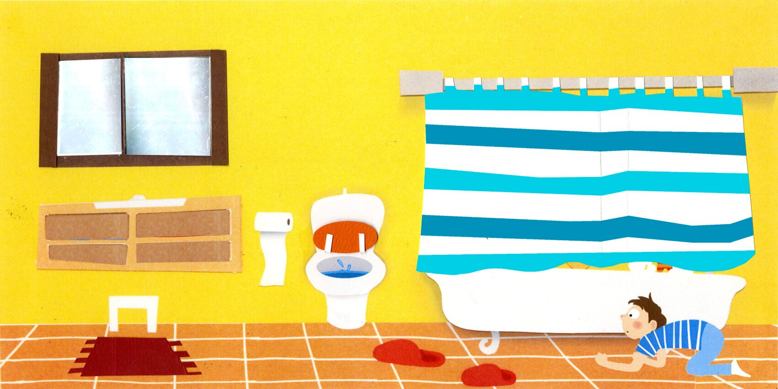 Illustration jeunesse : Billy cherche doudou lapin dans la salle de bain. Valentine CHOQUET illustrations | illustratrice freelance