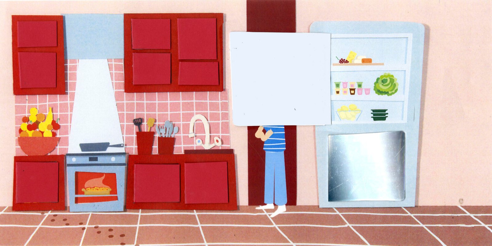 Illustration jeunesse : Billy cherche doudou lapin dans la cuisine. Valentine CHOQUET illustrations | illustratrice freelance