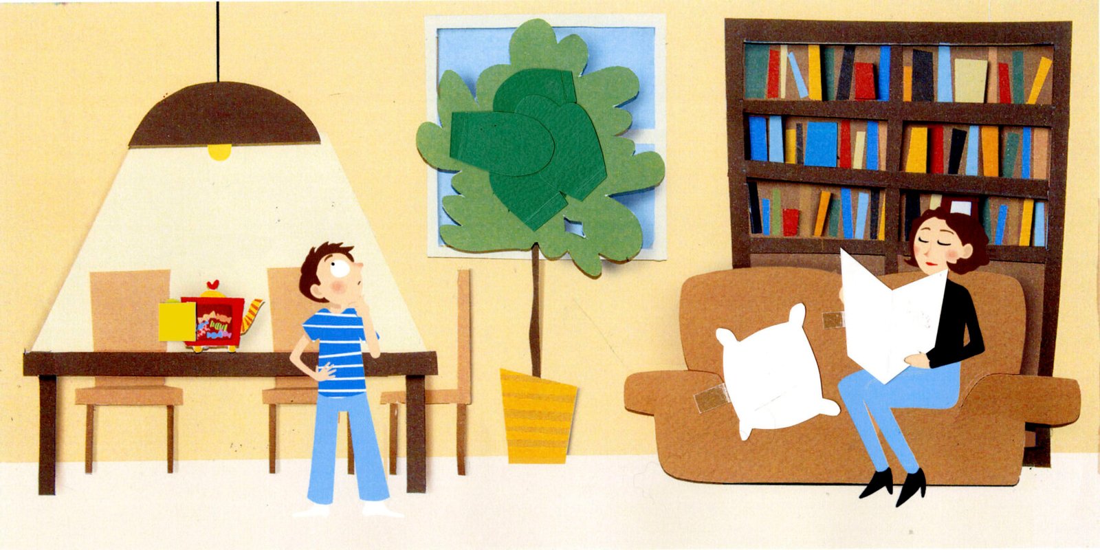 Illustration jeunesse : Billy cherche dans la salle. Valentine CHOQUET illustrations | illustratrice freelance